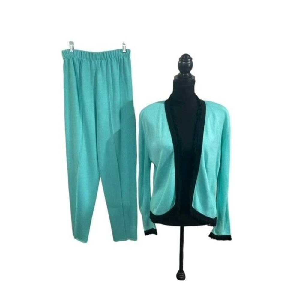 San Remo Vintage Pant Suit Size Small Green Open Jacket Black Fringe Trim